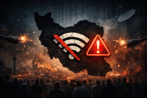 نقشه ایران با وای‌فای قطع‌شده و علامت هشدار، نشان‌دهنده قطع کامل اینترنت